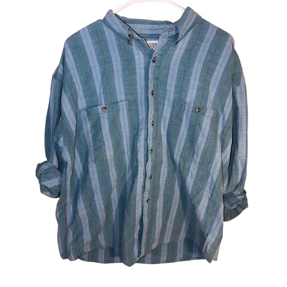 Denim Express Mens XL Blue Green Striped Long Sleeve Button Down Cotton Shirt